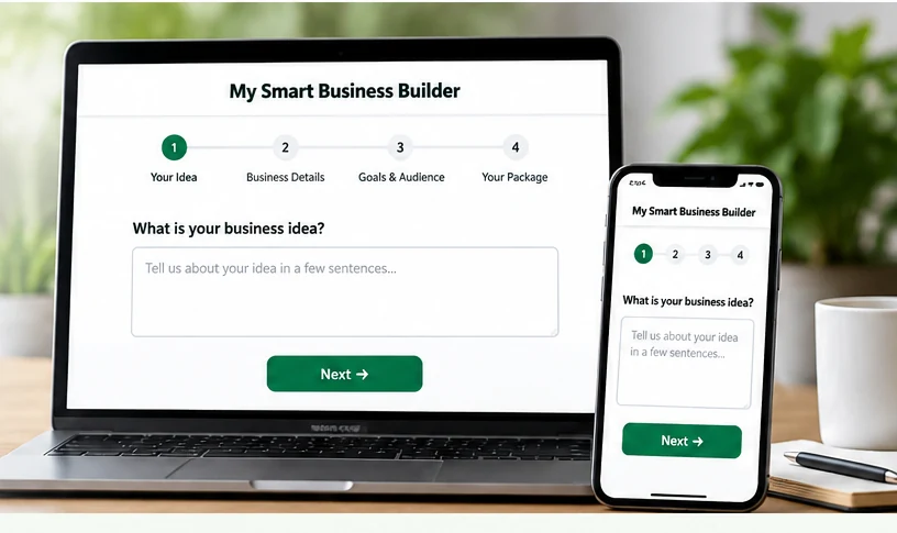 Laptop and phone showing the My Smart Business Builder guided questionnaire